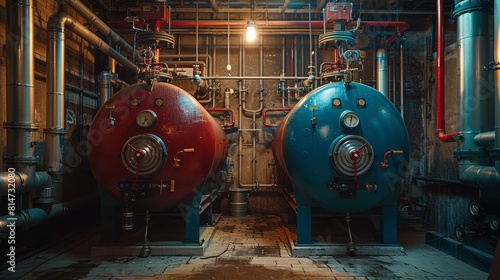 Modern boiler room with red and blue pressure tanks.
