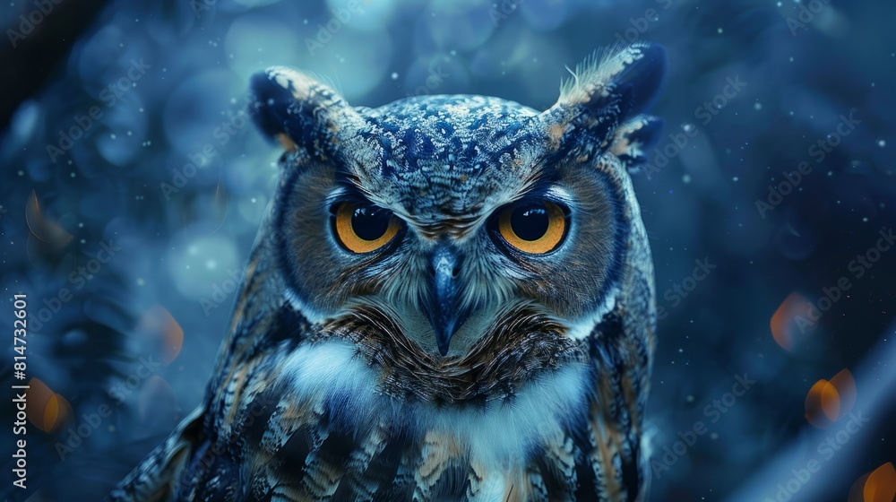 A wise owl on a mystical midnight clean blue background A wise owl on a mystical midnight clean blue background
