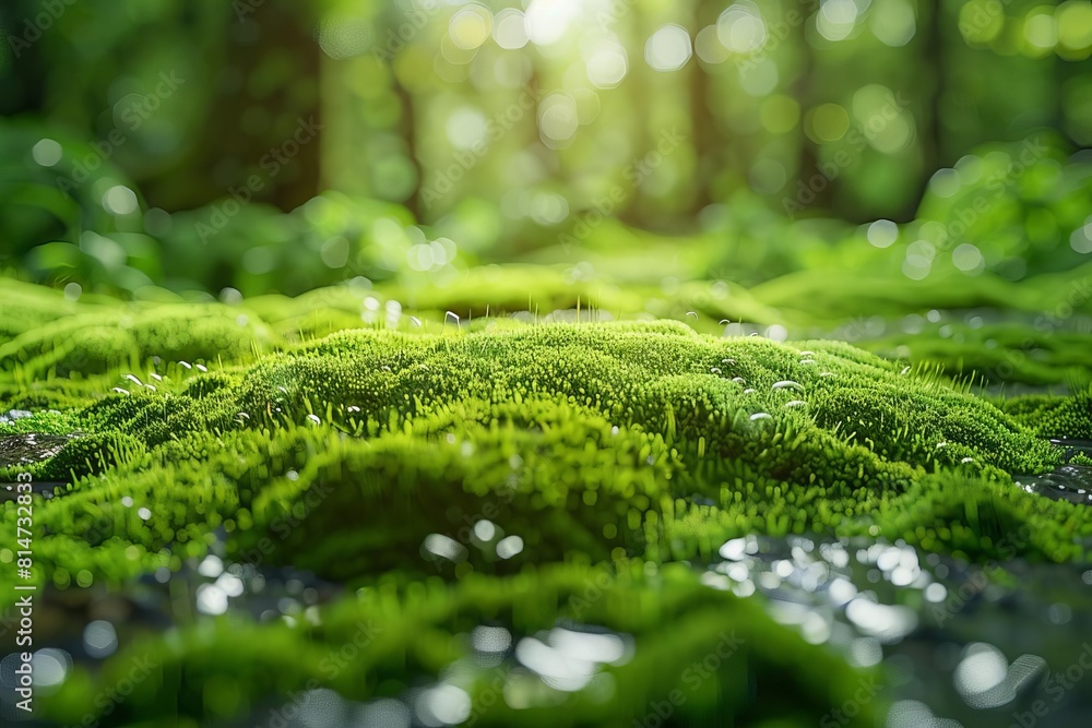 A close-up of vibrant green moss growing on the forest floor, with a blurred background of sunlight shining through the trees. A close-up of vibrant green moss growing on the forest floor, with a blurred background of sunlight shining through the trees.