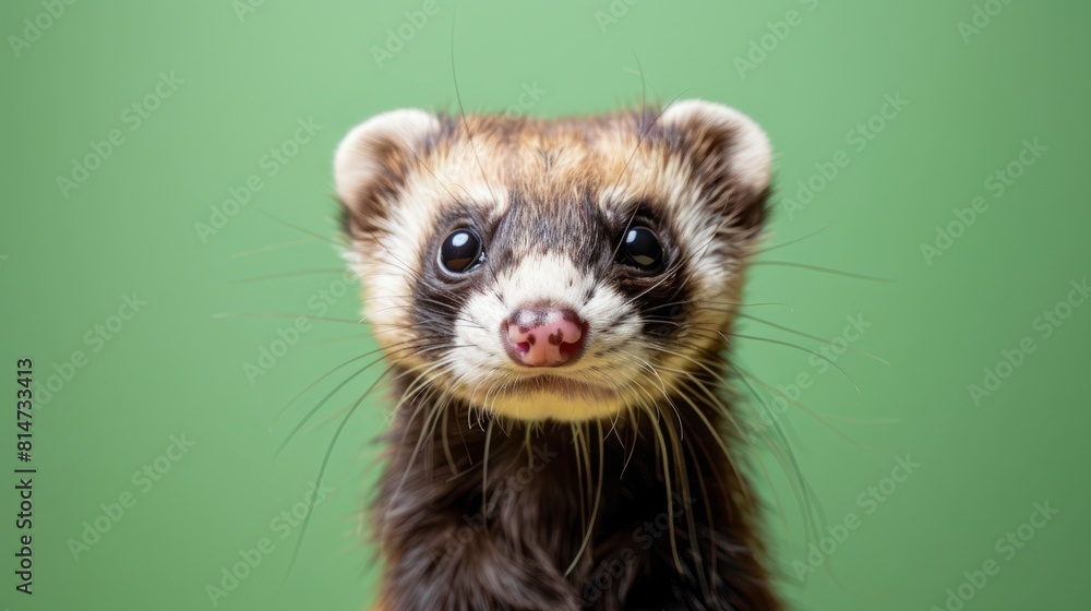 A playful ferret on a clean green background A playful ferret on a clean green background