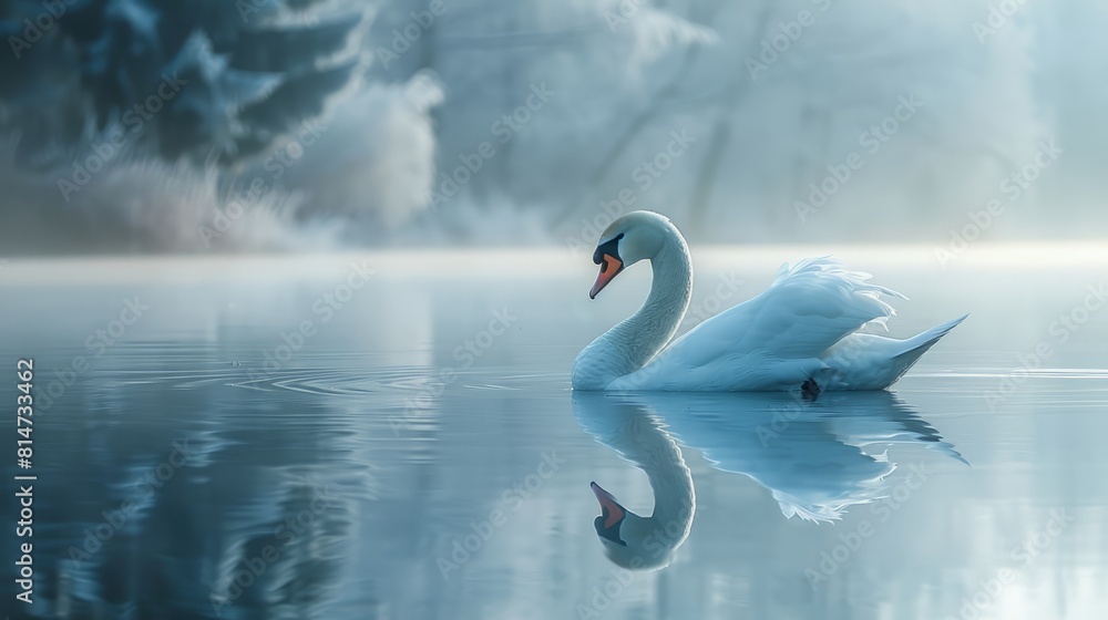 Fototapeta premium A graceful swan on a serene blue clean background