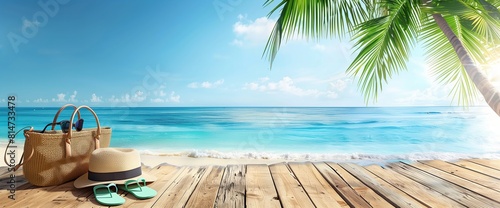 Tropical beach background with summer holiday concept, vacation and travel in the sun, bag with sunglasses, flipflops and hat on wooden table under palm tree