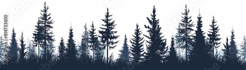 Create a seamless pattern of a dark blue spruce forest with a white background. The trees should be of varying heights and the branches should be full of needles.