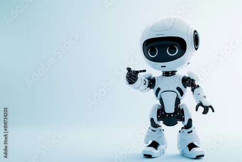 robot cyborg, A cute android robot stands against a light blue background, its arm extended and fingers pointing at a copy space, inviting viewers to explore the possibilities © SANA