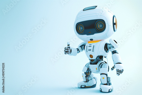 blue robot android, A cute android robot stands against a light blue background, its arm extended and fingers pointing at a copy space, inviting viewers to explore the possibilities © SANA