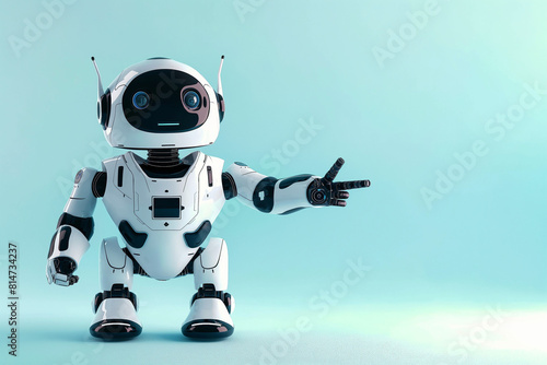blue robot cyborg, A cute android robot stands against a light blue background, its arm extended and fingers pointing at a copy space, inviting viewers to explore the possibilities