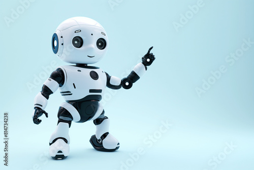 blue robot with a background, A cute android robot stands against a light blue background, its arm extended and fingers pointing at a copy space, inviting viewers to explore the possibilities