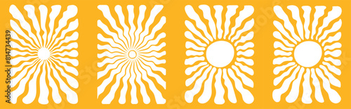 Groovy retro abstract sun backgrounds. Organic doodle shapes in trendy naive hippie 60s 70s style.  Vertical Wavy vector illustration in white colors.Contemporary poster print banner template. eps 10