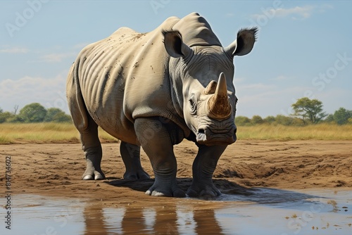 Powerful white rhinoceros stands near a water source under a clear blue sky