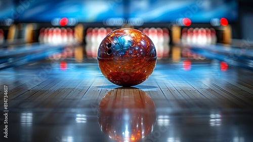 An ultra-HD image of a freshly polished bowling ball, the glossy surface and vibrant colors hinting at the excitement and camaraderie of a night at the lanes.