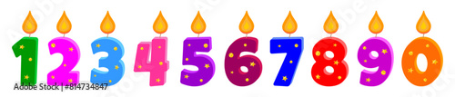 Set of colored candles for cake with gold confetti decor, vector. Burning candles numbers for a birthday isolated on a white background.