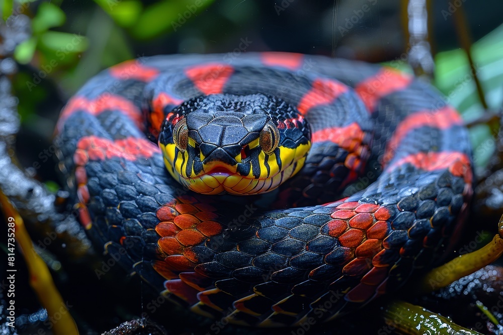 Mangrove Snake: Coiled among mangrove roots with vibrant red and black stripes, symbolizing habitat. Mangrove Snake: Coiled among mangrove roots with vibrant red and black stripes, symbolizing habitat.
