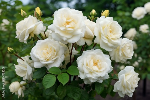 Close-up shot of lush white roses in full bloom  surrounded by green foliage