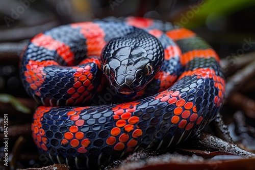 Mangrove Snake: Coiled among mangrove roots with vibrant red and black stripes, symbolizing habitat.