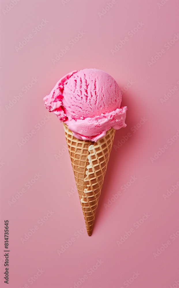 Minimalist composition of an ice cream cone with a scoop of bright pink ice cream against a plain pastel background.
Minimalist composition of an ice cream cone with a scoop of bright pink ice cream against a plain pastel background.