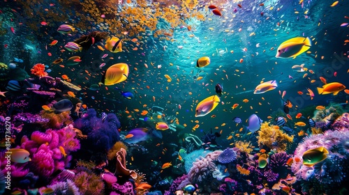 Underwater world full of life. A beautiful coral reef with a variety of fish and other marine life.