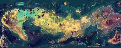 A fantasy universe map where new areas unlock as the NFT changes hands, each area rich with mythical creatures and lore