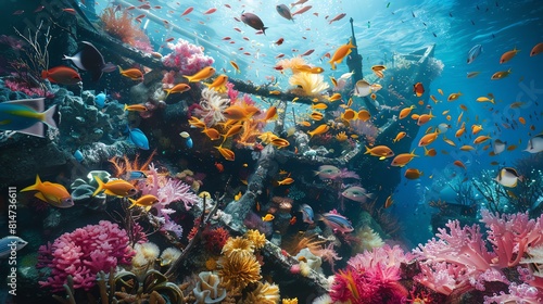 Underwater world full of life. Colorful fishes swim near beautiful coral reefs. © Galib