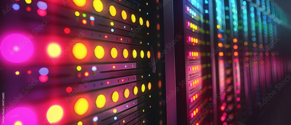 Conceptual illustration of a network server array, with LED lights that ...