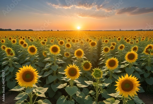 Un champ de tournesols vibrant sous un ciel d'été. Au milieu du champ, une immense pièce d'or agit comme miroir, reflétant le soleil et nourrissant les plantes autour. Des papillons et des oiseaux, at photo