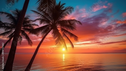 Sunset on a tropical beach with palm trees and rocks. Serene beauty is captured in this exquisite coastal oasis. Summer relaxing mood with stunning palm tree