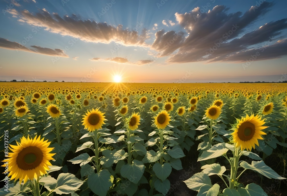 Un champ de tournesols vibrant sous un ciel d'été. Au milieu du champ, une immense pièce d'or agit comme miroir, reflétant le soleil et nourrissant les plantes autour. Des papillons et des oiseaux, at