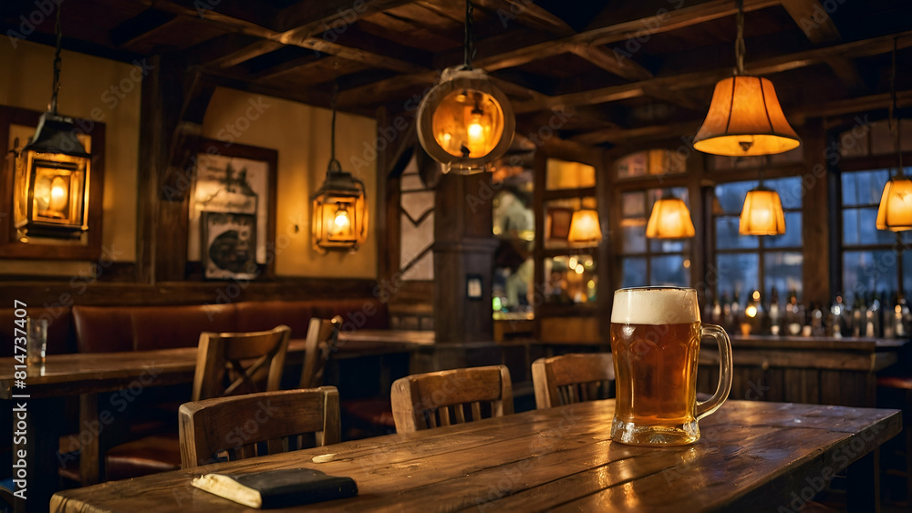 beer mugs colliding mid-air in a cozy pub atmosphere