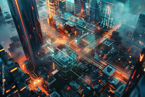 A futuristic cityscape with digital nodes and connections representing a decentralized financial network