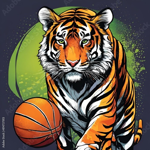 AI generated illustration of a tiger sprinting towards a basketball hoop in a grunge style