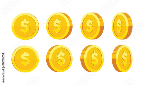 Gold coin with dollar us currency sign rotation vector illustration set isolated on white background. Business and finance concept design element.
