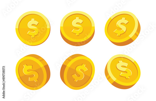Gold coin with dollar us currency sign rotation vector illustration set isolated on white background. Business and finance concept design element.