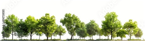 A row of lush green trees isolated on a white background.