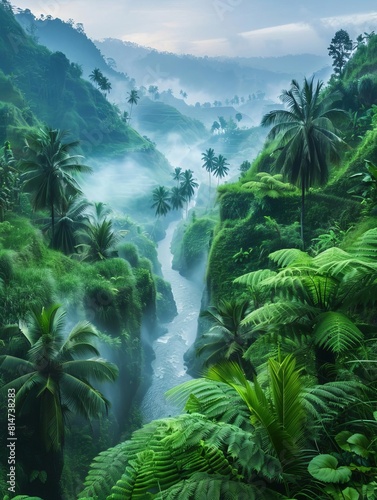 Create a beautiful landscape painting of a lush green valley with a river running through it