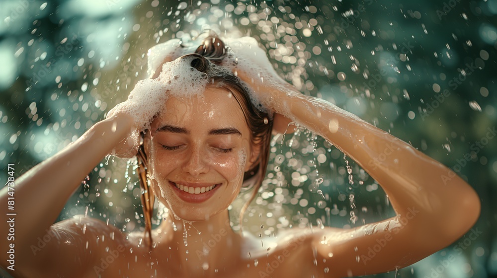 Obraz premium A beautiful Caucasian woman washing her hair with shampoo while water from the shower falls and foam forms, hair care concept.