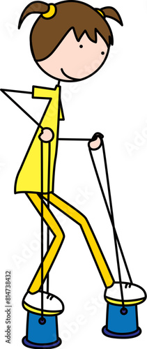 Cartoon illustration of a girl walking on bucket stilts