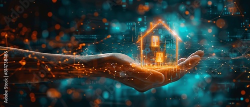 Digital art of a hand holding a small house, connected to digital data lines, illustrating techdriven real estate ventures photo