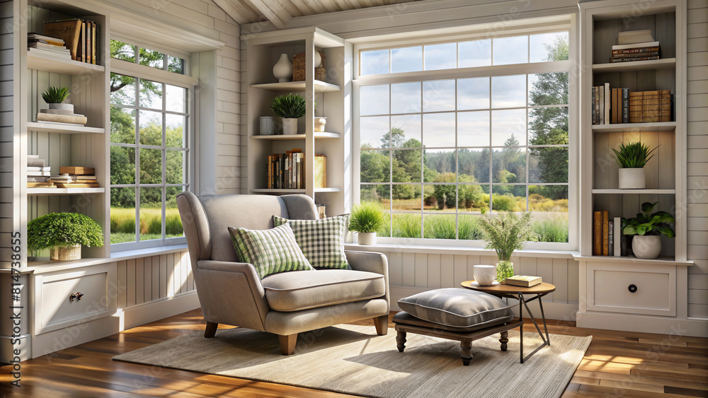 Fototapeta premium Farmhouse interior design style reading nook with reading chair and bookcases