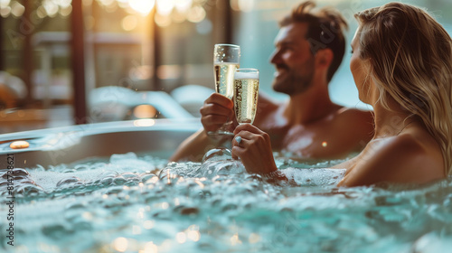 Sweet couple toasting with their champagne glasses while relaxing in the jacuzzi tub, Celebrating honeymoon in luxury. 