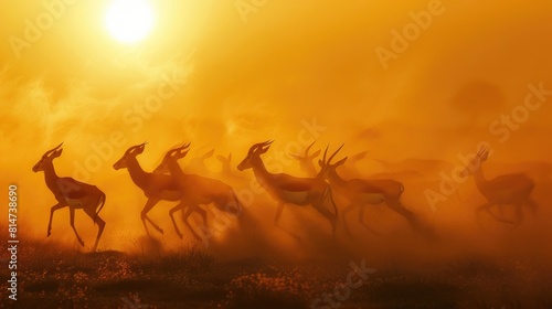 Majestic Antelopes Sprinting in Golden Dust at Sunset