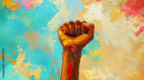An expressive painting of a hand with a powerful fist raised high © Arisctur