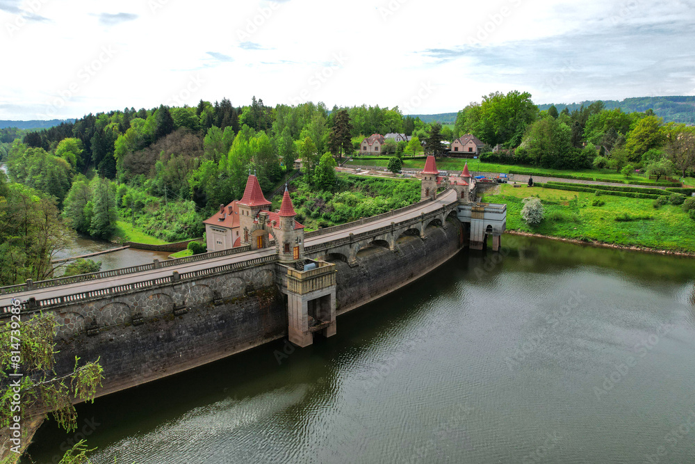 Historical dam aerial image in the Czech Republic, Europe, with towers called 