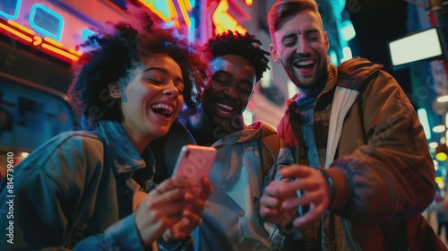 A group of friends shopping for concert tickets on a smartphone, excitement visible on their faces photo