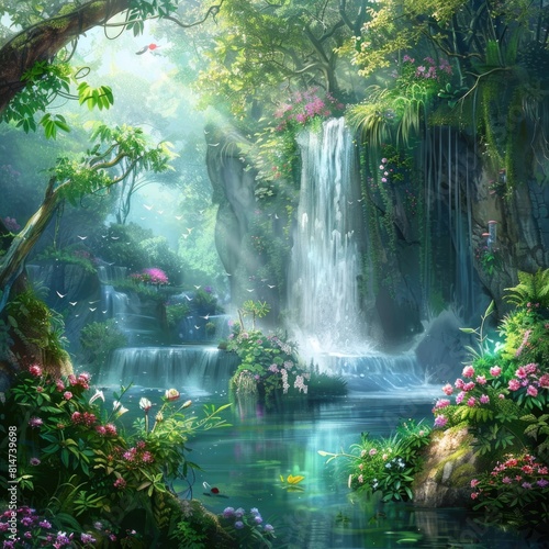 Enchanted Forest Waterfall Oasis with Lush Greenery © mariiaplo