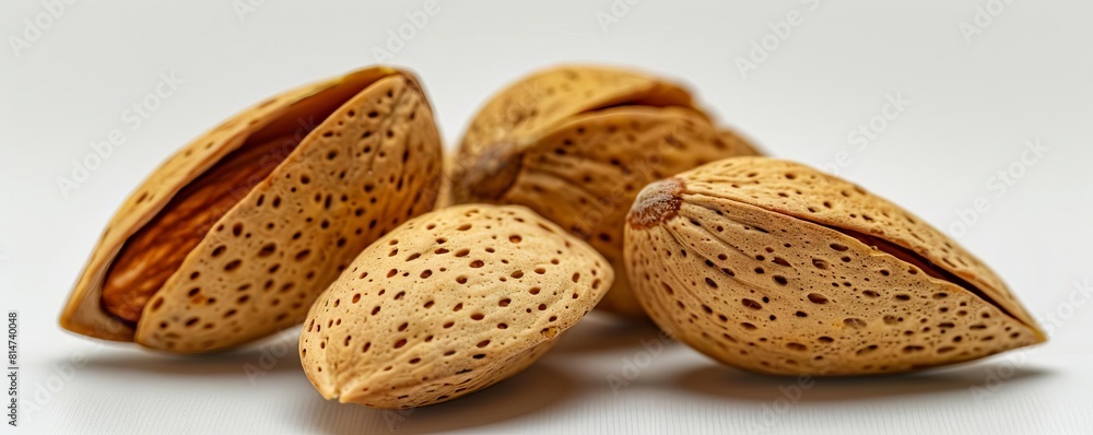 A handful of almonds, still in their shells, against a white backdrop to highlight the texture A handful of almonds, still in their shells, against a white backdrop to highlight the texture