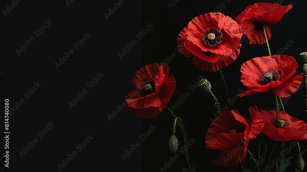 Red poppies on black background. Remembrance Day with wide copy space Red poppies on black background. Remembrance Day with wide copy space
