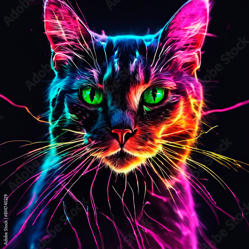 A tangle of feline animals on a neon black background of digital particles.