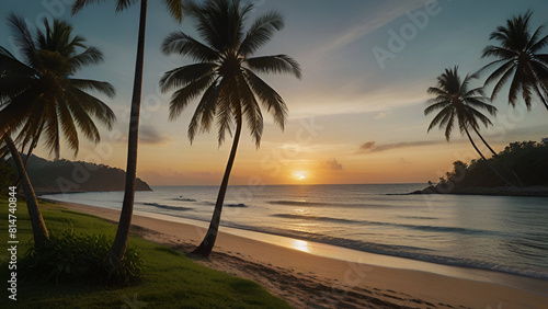 Sunlit Tropical Beach with Lush Palms and Rocks. Generative AI.