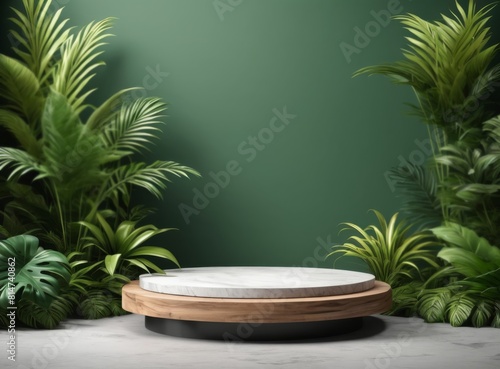 Product background  light marble pedestal and tropical plants in the background