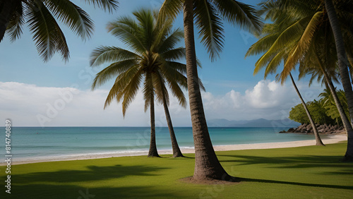 Sunlit Tropical Beach with Lush Palms and Rocks. Generative AI.