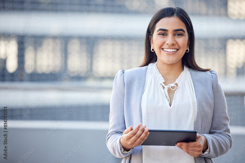 Business woman, tablet and portrait in city, employee and communication on app in town. Female person, website and research for company growth opportunity, professional and urban lawyer in outdoor Business woman, tablet and portrait in city, employee and communication on app in town. Female person, website and research for company growth opportunity, professional and urban lawyer in outdoor